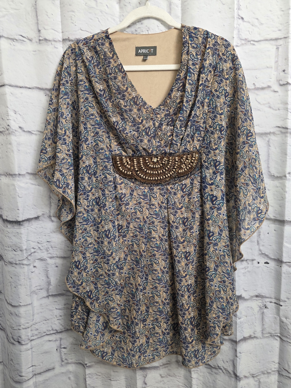 APRICOT Beige and Blue Paisley Long-Sleeve Tunic Dress with Beaded Empire Waist